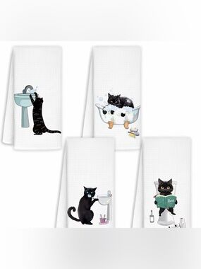 New Set of 4 Black Cat Microfiber bathroom hand Towels - Funny Cat Decor